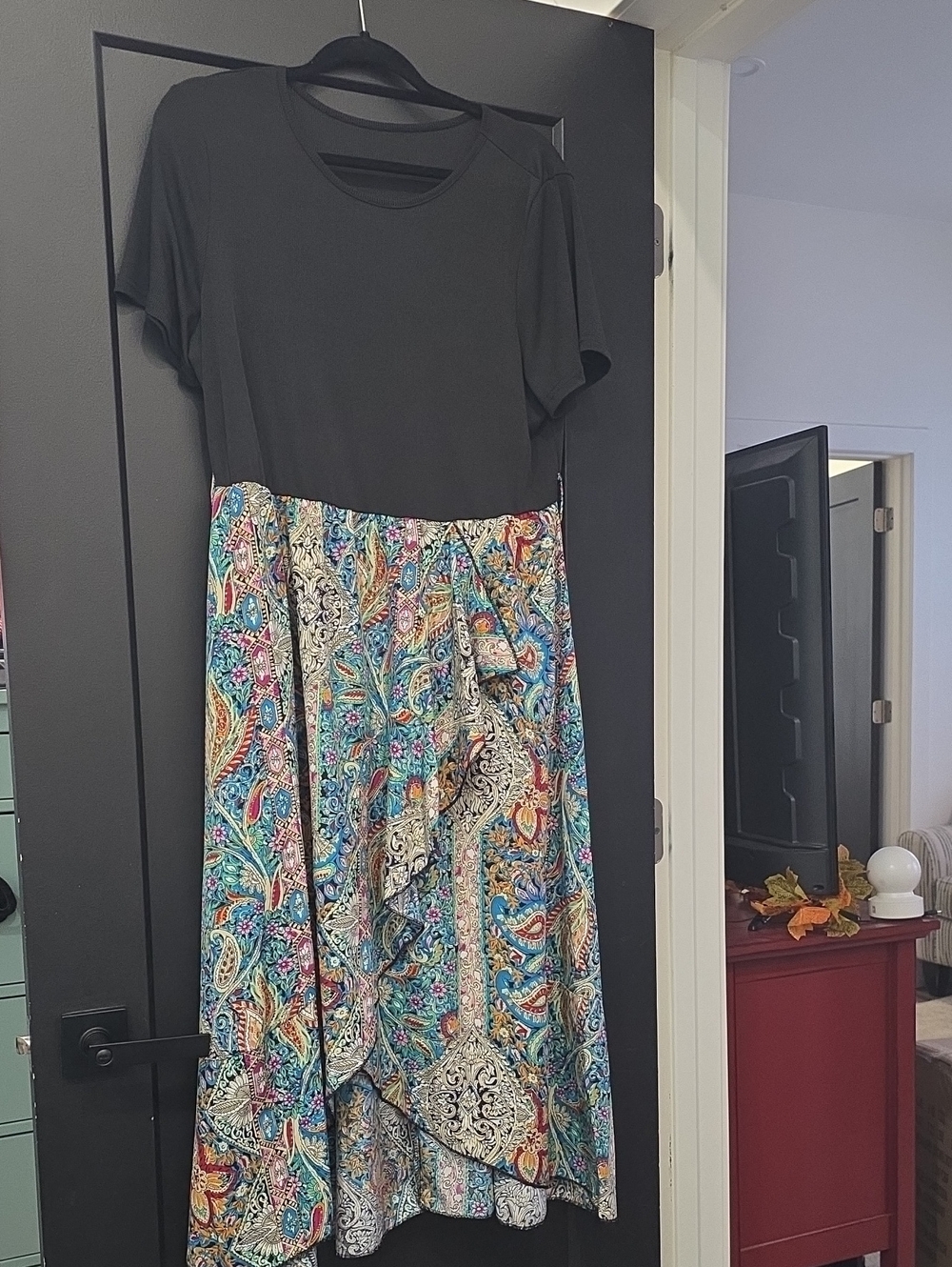 SHEIN Black Top with Multicolor Paisley High-Low Dress